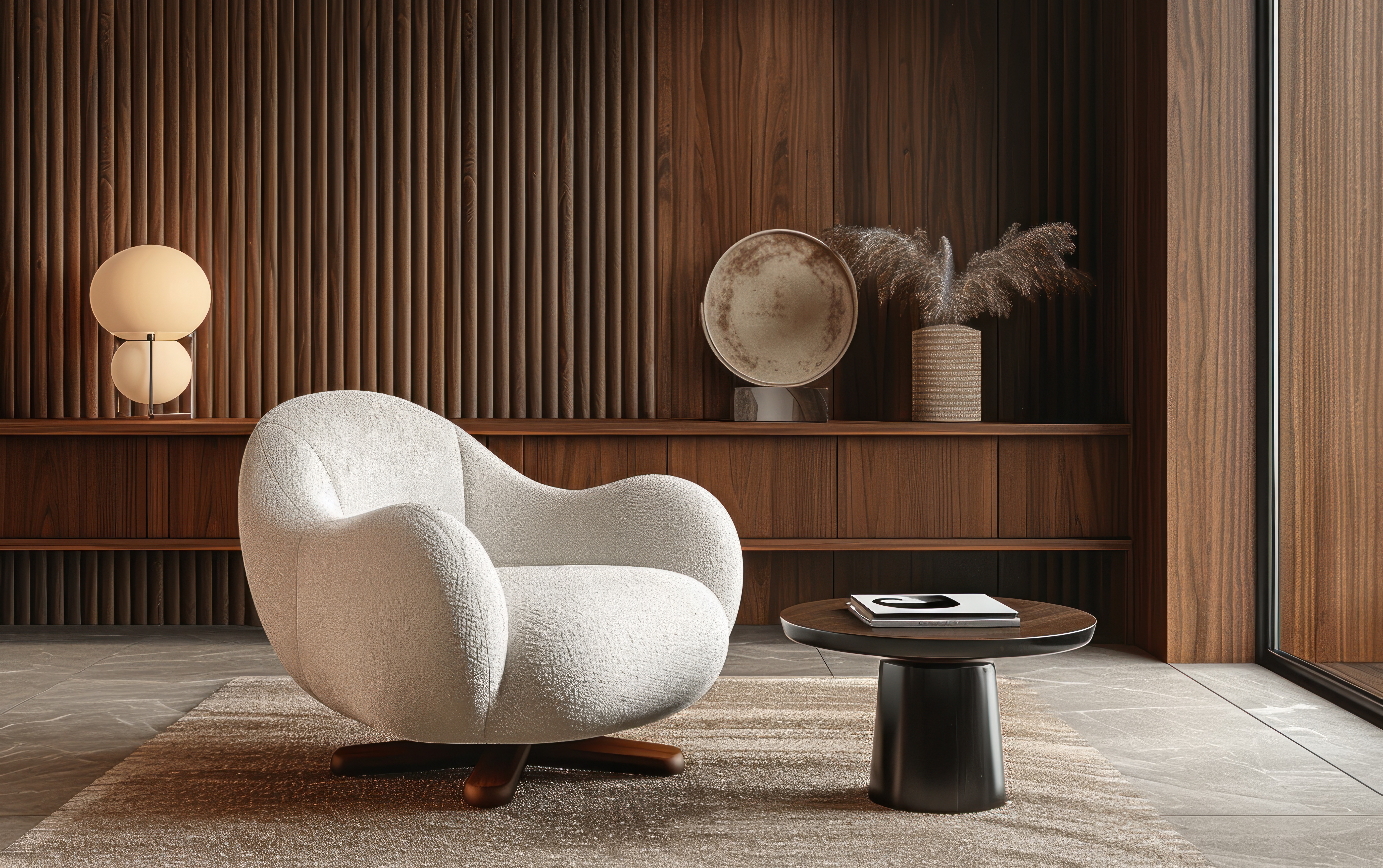 Woonkamer met witte fauteuil